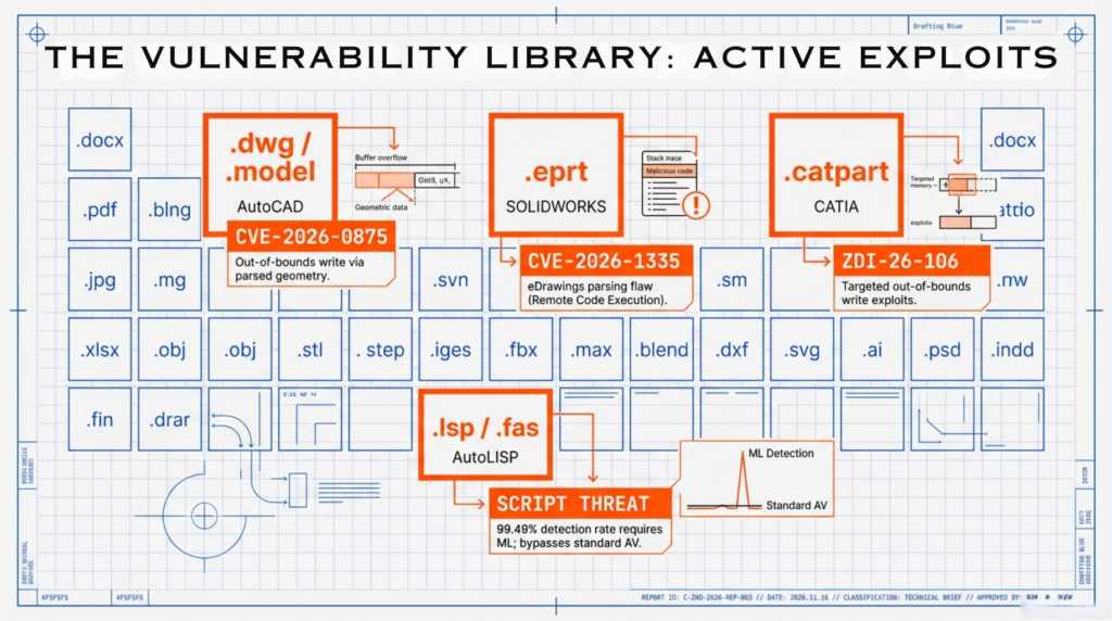 Specific CAD file formats carry documented vulnerabilities that attackers actively exploit. Understanding these risks helps engineering teams prioritize protective measures.