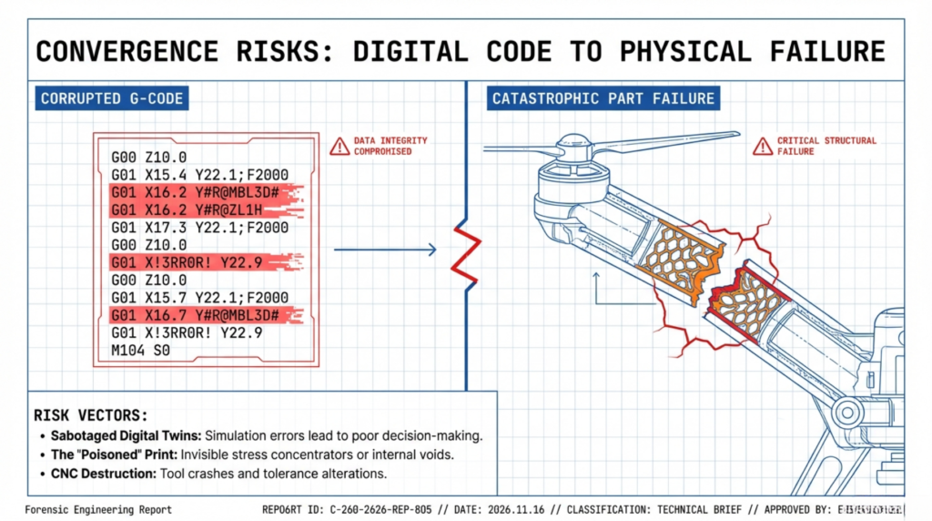 Digital design increasingly feeds directly into automated manufacturing systems, creating operational technology (OT) risks. This CAD-to-manufacturing convergence means CAD file compromises can disrupt physical production and potentially cause safety incidents.