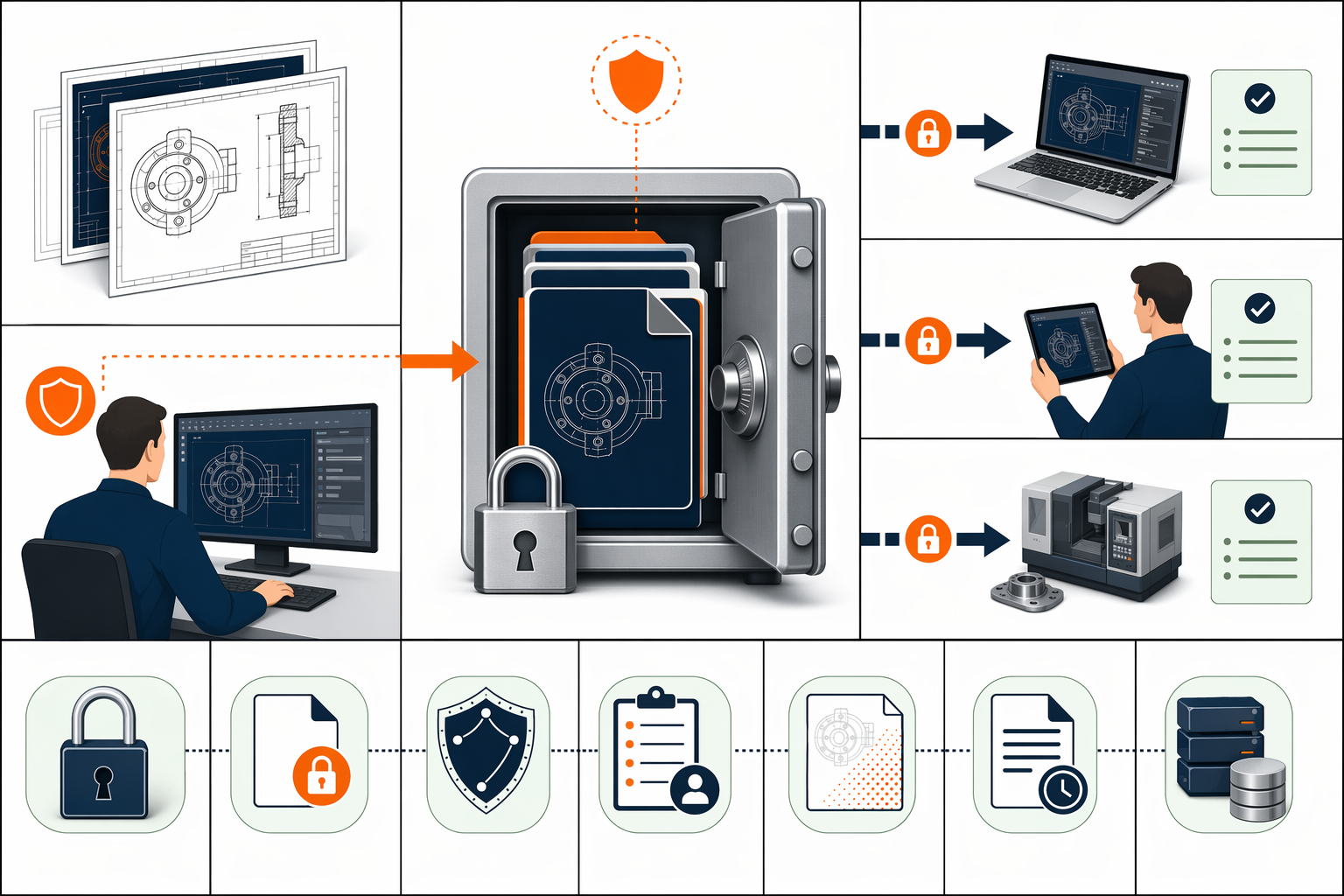 Infographic showing AutoCAD drawings moving through protected file access, controlled sharing and evidence records.