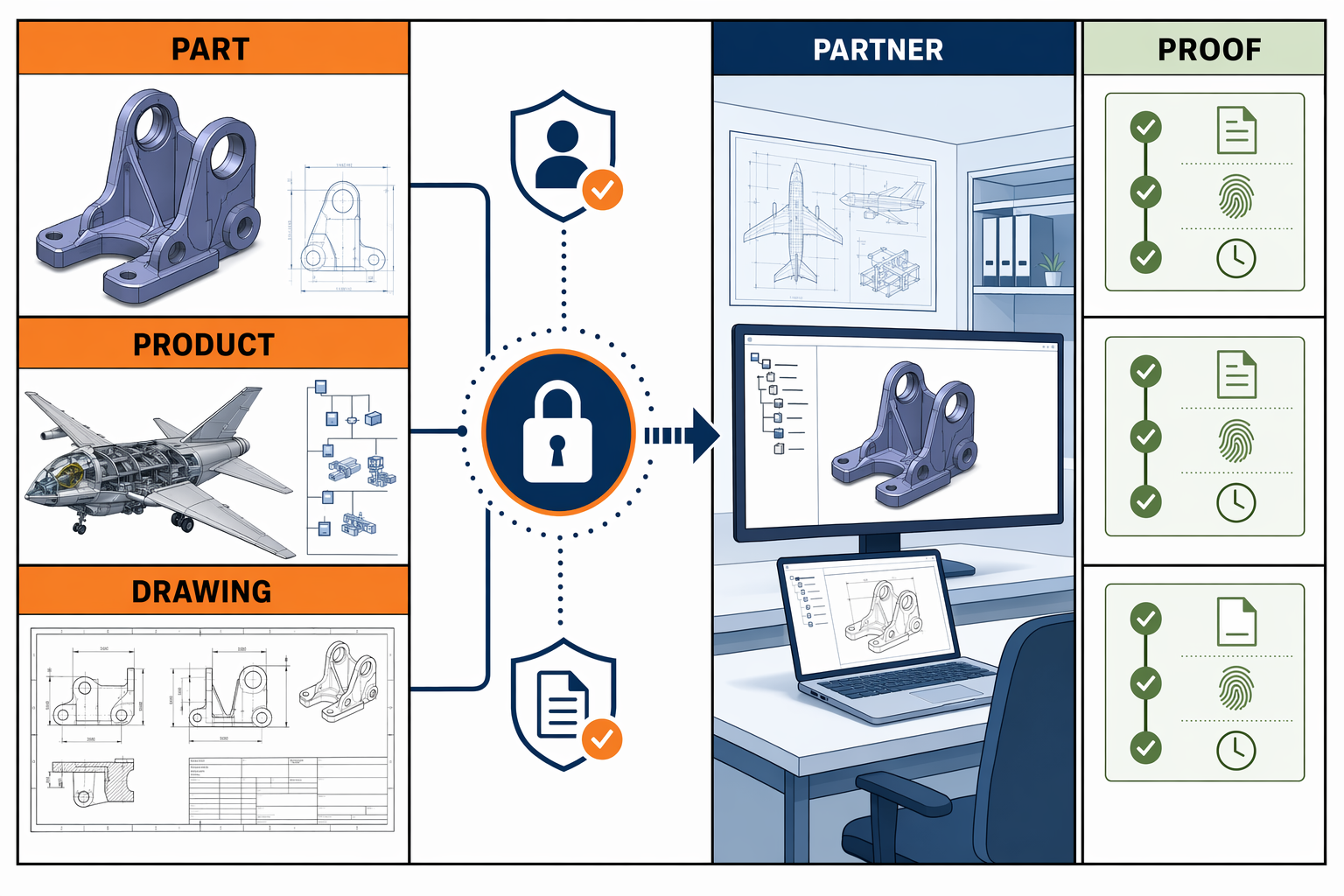 Infographic for Protecting CATIA Files, showing CATIA aerospace-grade part, product and drawing files moving to a partner workspace with proof records.